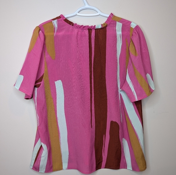Nine West Women's XL Pink Abstract Print Blouse Top Short Sleeve Boho Flowy - Picture 2 of 7